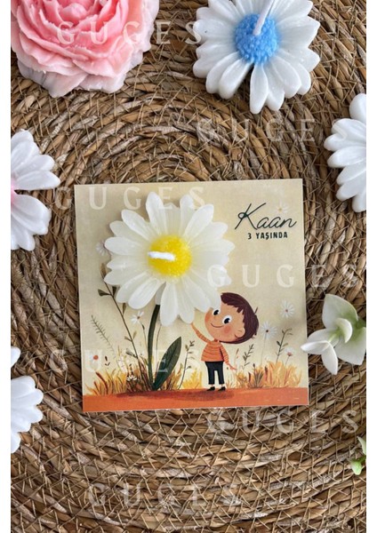 10 Adet Özel Tasarlanmış Kart ve Papatya Mum. Bebek Doğum, Babyshower, Doğum Günü, Hediyelik