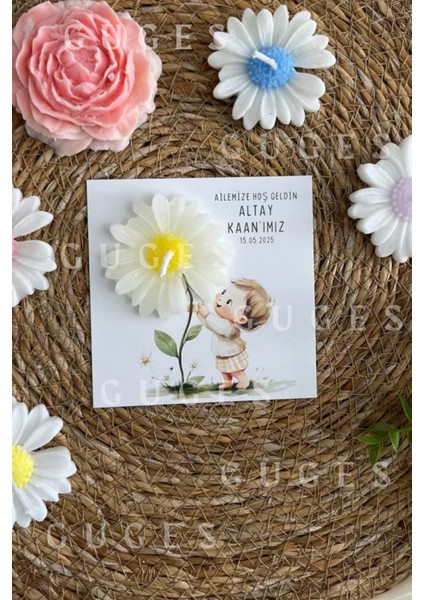 10 Adet Özel Tasarlanmış Kart ve Papatya Mum. Bebek Doğum, Babyshower, Doğum Günü, Hediyelik fiyatları
