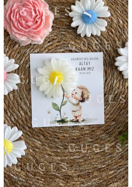 10 Adet Özel Tasarlanmış Kart ve Papatya Mum. Bebek Doğum, Babyshower, Doğum Günü, Hediyelik modelleri