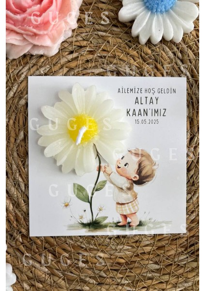 10 Adet Özel Tasarlanmış Kart ve Papatya Mum. Bebek Doğum, Babyshower, Doğum Günü, Hediyelik fırsatları