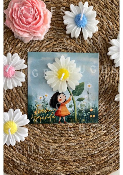 10 Adet Özel Tasarlanmış Kart ve Papatya Mum. Bebek Doğum, Babyshower, Doğum Günü, Hediyelik