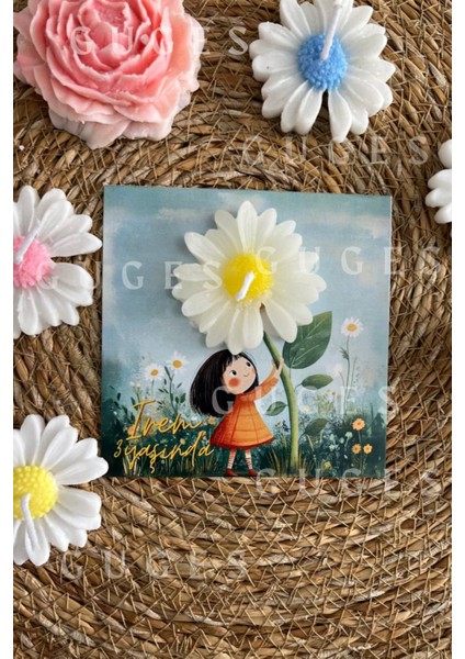 10 Adet Özel Tasarlanmış Kart ve Papatya Mum. Bebek Doğum, Babyshower, Doğum Günü, Hediyelik fiyatları