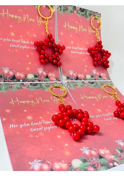 Yılbaşı Noel Hediyelikleri Kırmızı Incili Yıldız Anahtarlık 15 Adet
