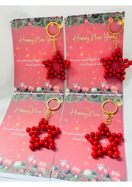 Yılbaşı Noel Hediyelikleri Kırmızı Incili Yıldız Anahtarlık 15 Adet modelleri