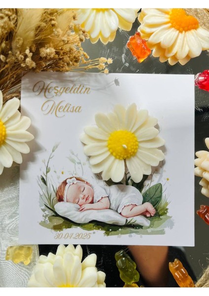20 Adet Özel Tasarlanmış Kart ve Papatya Mum. Bebek Doğum, Babyshower, Doğum Günü, Hediyelik
