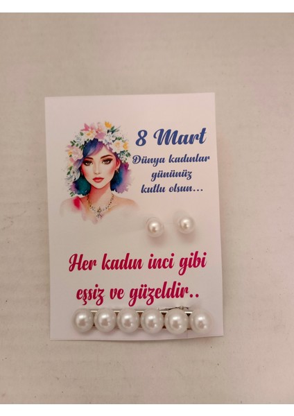 8 Mart Kadınlar Günü Hediyelik Inci Toka+Küpe (10 Adet)