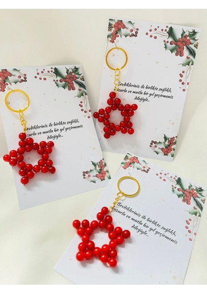 Yılbaşı Noel Hediyelikleri Kırmızı Incili Yıldız Anahtarlık 15 Adet
