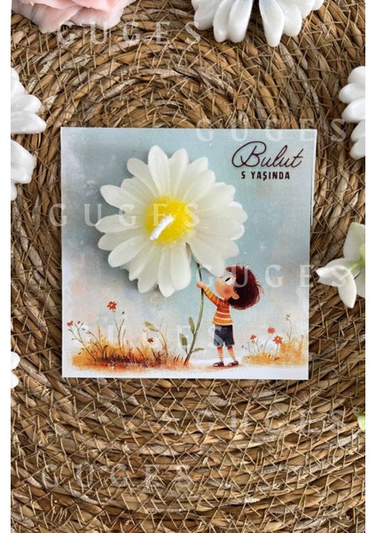 10 Adet Özel Tasarlanmış Kart ve Papatya Mum. Bebek Doğum, Babyshower, Doğum Günü, Hediyelik