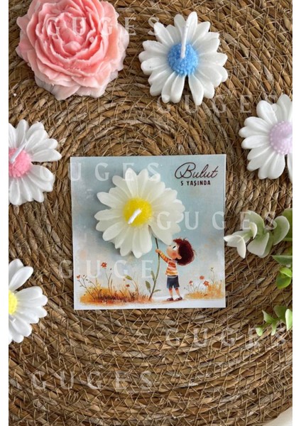 10 Adet Özel Tasarlanmış Kart ve Papatya Mum. Bebek Doğum, Babyshower, Doğum Günü, Hediyelik modelleri