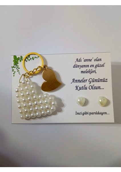 10 Adet Anneler Günü Anahtarlık ve Inci Küpe