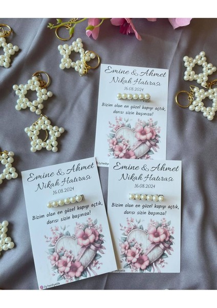 20 Adet Hediyelik Inci Toka Nikah Hatırası Kartı - Kişiye Özel Tasarım Imkanı