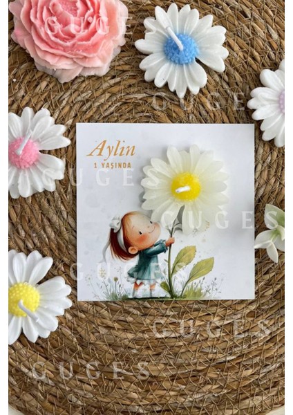 10 Adet Özel Tasarlanmış Kart ve Papatya Mum. Bebek Doğum, Babyshower, Doğum Günü, Hediyelik