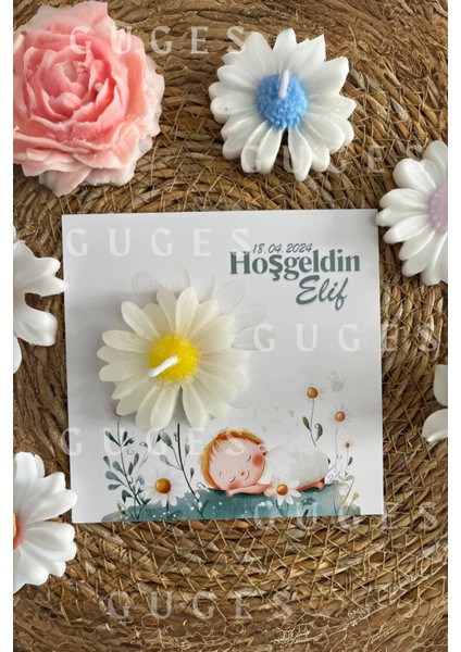 10 Adet Özel Tasarlanmış Kart ve Papatya Mum. Bebek Doğum, Babyshower, Doğum Günü, Hediyelik