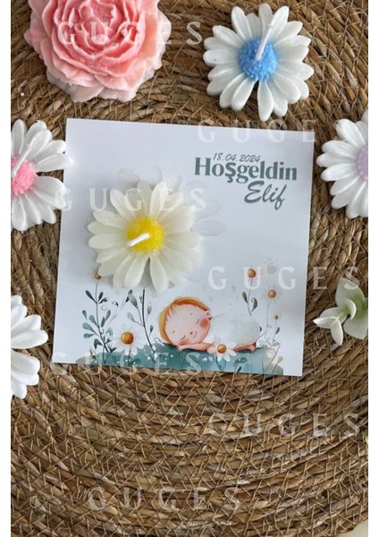 10 Adet Özel Tasarlanmış Kart ve Papatya Mum. Bebek Doğum, Babyshower, Doğum Günü, Hediyelik fiyatları
