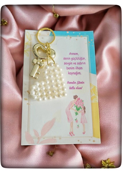 20 Adet Anneler Günü Için Anahtarlık,inci Kalpli Gold Detaylı Anahtarlık,kartlı Paketli,logo Basılır