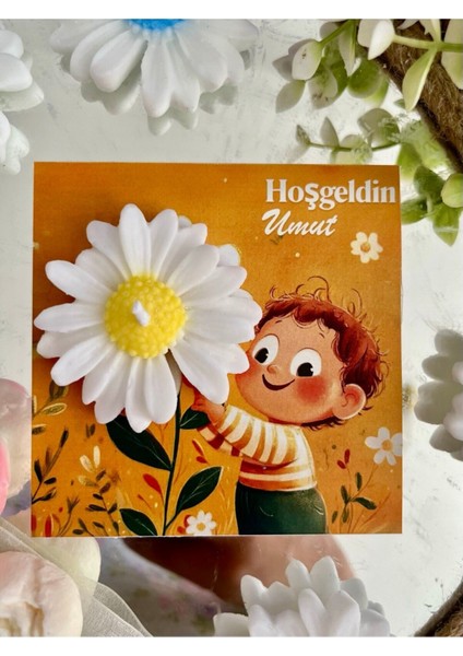 10 Adet Özel Tasarlanmış Kart ve Papatya Mum. Bebek Doğum, Babyshower, Doğum Günü, Hediyelik