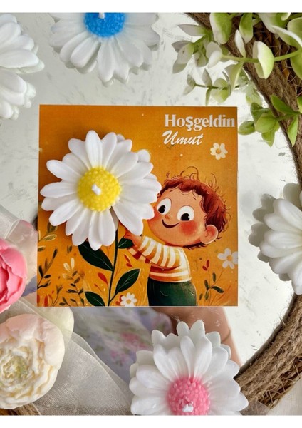 10 Adet Özel Tasarlanmış Kart ve Papatya Mum. Bebek Doğum, Babyshower, Doğum Günü, Hediyelik modelleri