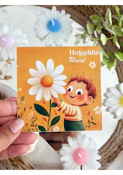 10 Adet Özel Tasarlanmış Kart ve Papatya Mum. Bebek Doğum, Babyshower, Doğum Günü, Hediyelik fırsatları