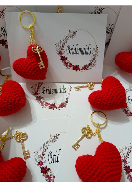 10 Adet Bridemaids Amigurumi Kırmızı Kalp Anahtarlık modelleri