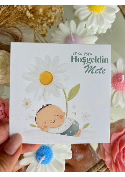20 Adet Özel Tasarlanmış Kart ve Papatya Mum. Bebek Doğum, Babyshower, Doğum Günü, Hediyelik fiyatları