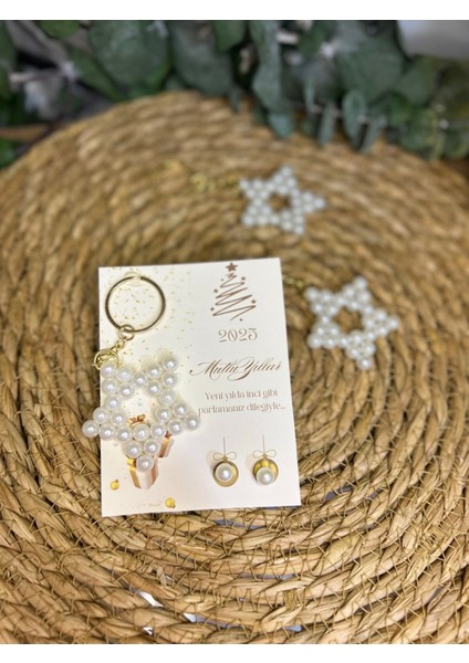 Bursatasarımdünyası Yeni Yıl Yılbaşı Yıldız Anahtarlık ve Inci Küpe Kart 10 Adet