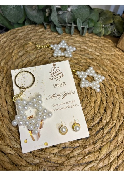 Bursatasarımdünyası Yeni Yıl Yılbaşı Yıldız Anahtarlık ve Inci Küpe Kart 10 Adet fiyatları