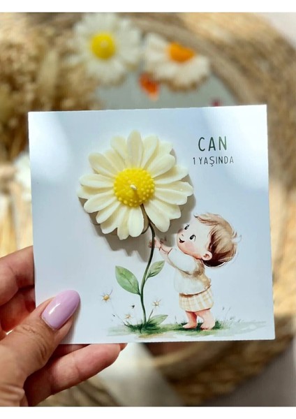 10 Adet Özel Tasarlanmış Kart ve Papatya Mum. Bebek Doğum, Babyshower, Doğum Günü, Hediyelik