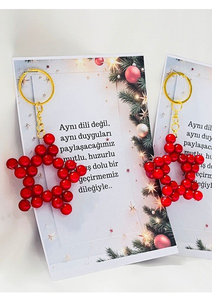 Yılbaşı Noel Hediyelikleri Kırmızı Incili Yıldız Anahtarlık 15 Adet