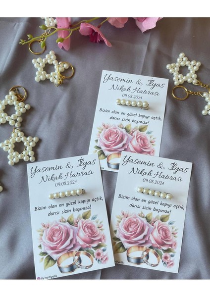 20 Adet Hediyelik Inci Toka Nikah Hatırası Kartı - Kişiye Özel Tasarım Imkanı