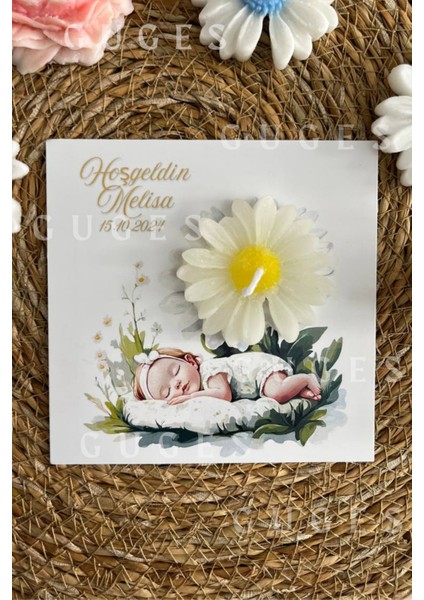 10 Adet Özel Tasarlanmış Kart ve Papatya Mum. Bebek Doğum, Babyshower, Doğum Günü, Hediyelik