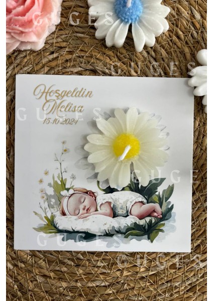 10 Adet Özel Tasarlanmış Kart ve Papatya Mum. Bebek Doğum, Babyshower, Doğum Günü, Hediyelik fiyatları
