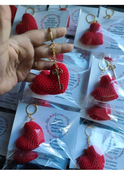 10 Adet Amigurumi Kırmızı Kalp Anahtarlık Gold Aparatlı Anneler Günü Hediyesi modelleri