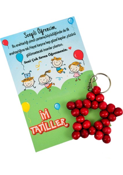 Tatil Hediyesi Ahşap Kırmızı Anahtarlık -Öğrenci -Tatil Hediyesi 10 Adet