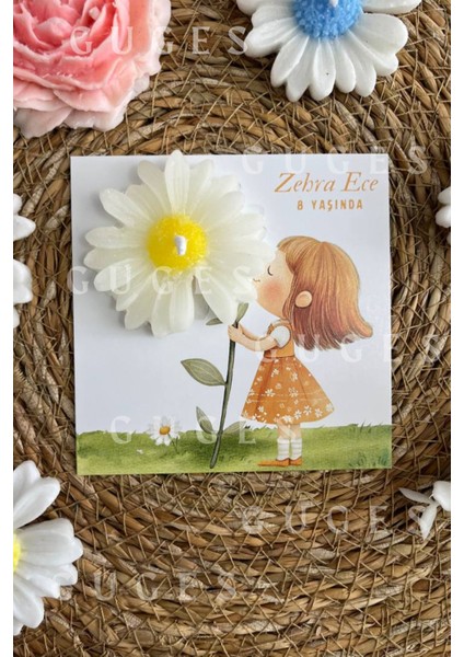 10 Adet Özel Tasarlanmış Kart ve Papatya Mum. Bebek Doğum, Babyshower, Doğum Günü, Hediyelik