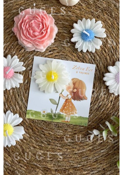 10 Adet Özel Tasarlanmış Kart ve Papatya Mum. Bebek Doğum, Babyshower, Doğum Günü, Hediyelik modelleri