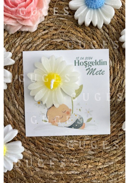 10 Adet Özel Tasarlanmış Kart ve Papatya Mum. Bebek Doğum, Babyshower, Doğum Günü, Hediyelik