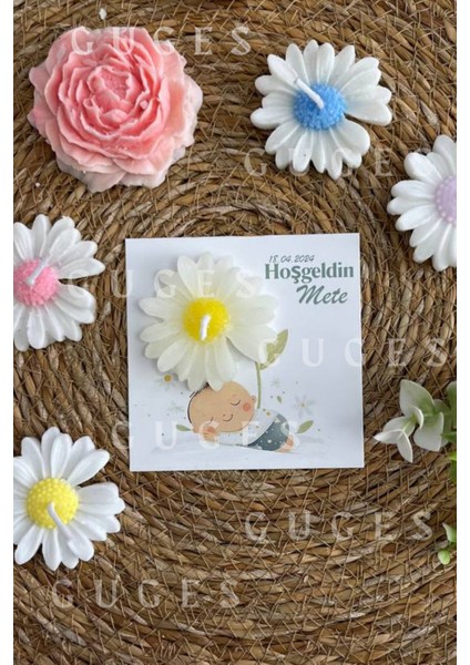 10 Adet Özel Tasarlanmış Kart ve Papatya Mum. Bebek Doğum, Babyshower, Doğum Günü, Hediyelik fiyatları