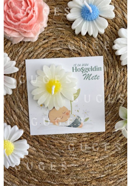 10 Adet Özel Tasarlanmış Kart ve Papatya Mum. Bebek Doğum, Babyshower, Doğum Günü, Hediyelik modelleri
