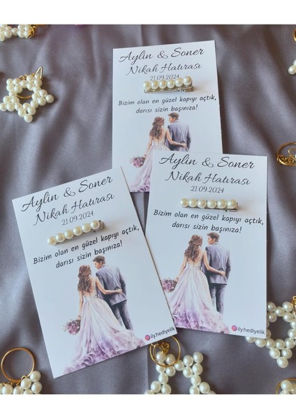 20 Adet Hediyelik Inci Toka Nikah Hatırası Kartı - Kişiye Özel Tasarım Imkanı