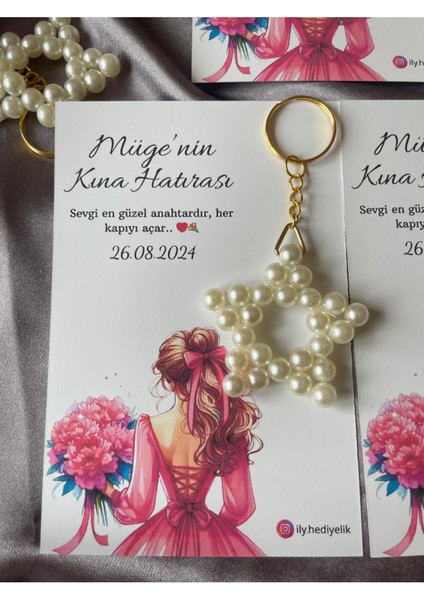 20 Adet Hediyelik Kına Hatırası Kartı ve Yıldız Anahtarlık - Kişiye Özel Tasarım Imkanı