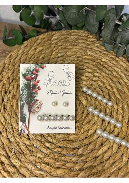 Bursatasarımdünyası Yeni Yıl Yılbaşı Inci Küpe ve Toka Kart 10 Adet
