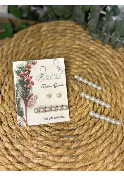 Bursatasarımdünyası Yeni Yıl Yılbaşı Inci Küpe ve Toka Kart 10 Adet modelleri