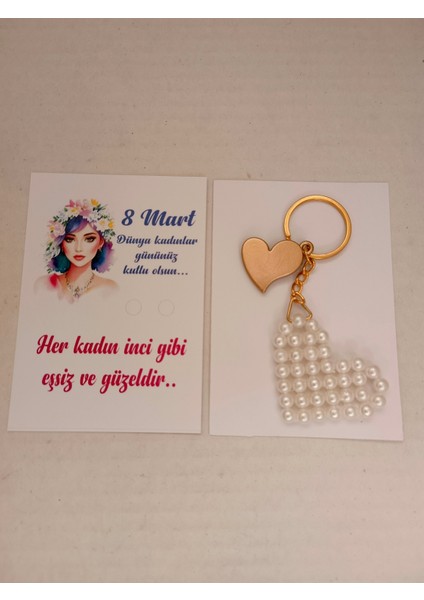 8 Mart Dünya Kadınlar Günü Hediyelik Kalp Inci Anahtarlık (10 Adet)