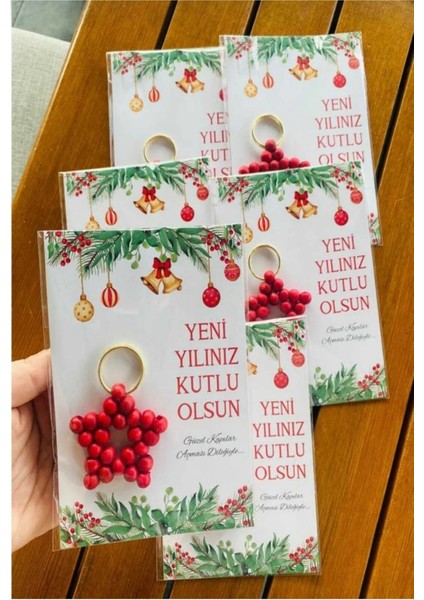 Yılbaşı Hediyesi Anahtarlık - Yeni Yıl Ahşap Yıldız Anahtarlık 5 Adet.