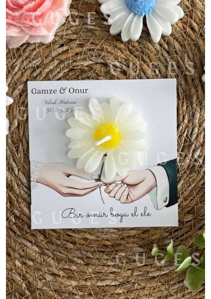 10 Adet Özel Tasarlanmış Kart ve Papatya Mum. Düğün, Nişan, Nikah, Söz, Doğum Günü, Nikah Hediyelik