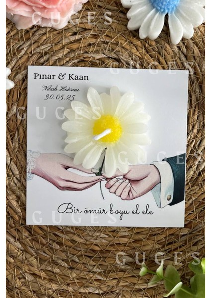 10 Adet Özel Tasarlanmış Kart ve Papatya Mum. Düğün, Nişan, Nikah, Söz, Doğum Günü, Nikah Hediyelik modelleri