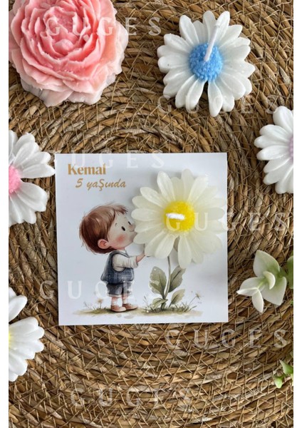 10 Adet Özel Tasarlanmış Kart ve Papatya Mum. Bebek Doğum, Babyshower, Doğum Günü, Hediyelik modelleri