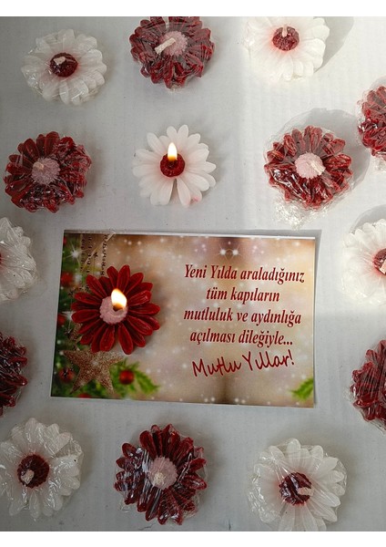 10 Adet Kırmızı-Beyaz Papatya Mum