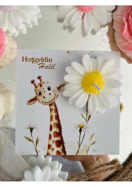 20 Adet Özel Tasarlanmış Kart ve Papatya Mum. Bebek Doğum, Babyshower, Doğum Günü, Hediyelik