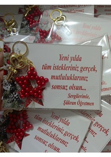 15 Adet Noel Hediyelik Kilit Aparatlı Kırmızı Inci Yıldız Anahtarlık modelleri